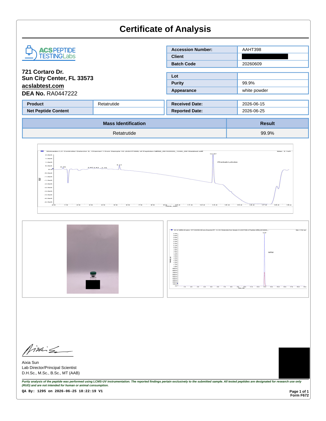 Certificate of analysis for retatrutide batch 20260609 from ACS Laboratory: 99.9% purity by LCMS-UV, accession AAHT398, with the client name, QR code and vial label redacted