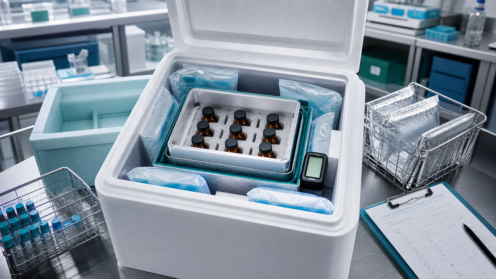Cold-chain research shipment packout with insulated shipper and temperature logger