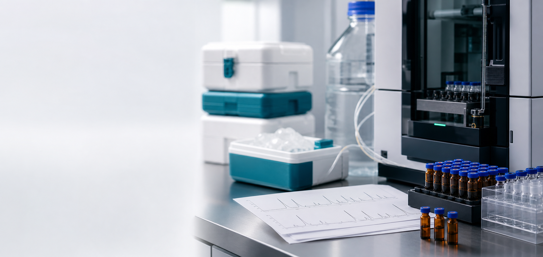 Analytical chemistry lab bench with HPLC vials and quality-control materials
